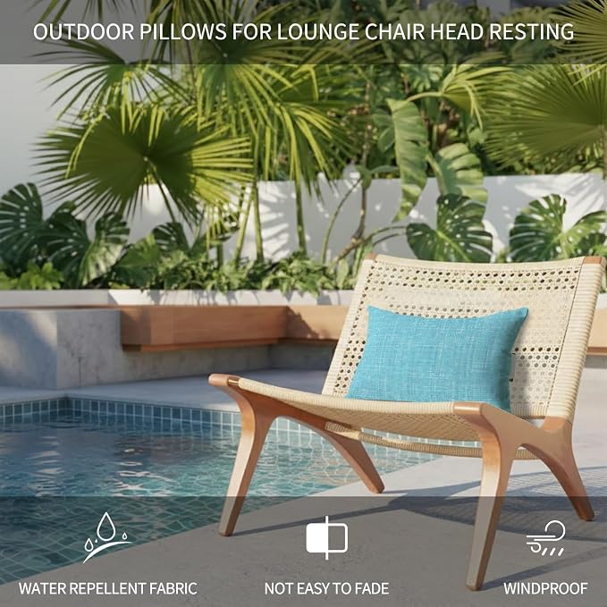 Outdoor Lumbar Pillow Set of 1, Teal Blue Waterproof Beach Headrest Pillow with Inserts, Farmhouse Vintage Cyan Solid Color Modern Recliner Throw Pillows for Patio Furniture, 12 x 20
