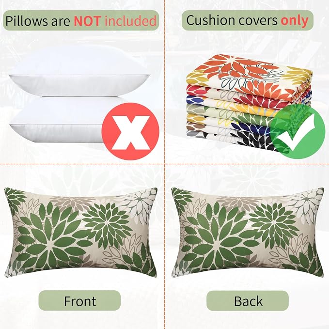 Dahlia Flowers Throw Pillow Covers 12×20 Inches Pack of 2 Outdoor Waterproof Pillow Case Green and Grey Decorative Cushion Covers With Invisible Zipper for Patio Furniture Sofa Garden Living Room