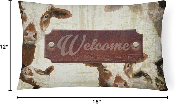 Caroline's Treasures SB3065PW1216 Welcome Cow Canvas Fabric Decorative Pillow 100% Machine Washable Pillow, Indoor or Outdoor Decorative Throw Pillow for Couch, Bed or Patio