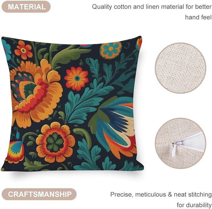 Cushion Covers Mexican Flowers Decorative Square Pillowcase Cushion Case Modern Floral Blossom Decorative Pillows for Couch 18"x18" Decorative Outdoor Linen Fabric Pillow Case for Couch Bed Car