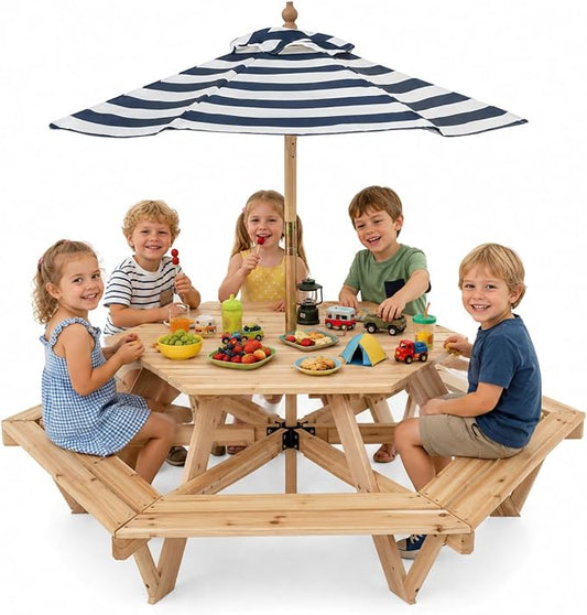HONEY JOY Kids Picnic Table, Hexagonal Toddler Outdoor Table and Chair Set, 6 Built-in Benches, Removable Umbrella, Fir Wood Children Backyard Furniture for Patio Garden Deck Poolside, Natural