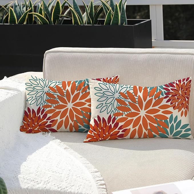DFXSZ Outdoor Waterproof Pillow Covers 12x20 Set of 2 Orange Teal Flower | Spring Summer Waterproof Flower Throw Pillowcases（No Inserts）Outdoor Decor for Fall Patio Funiture Garden Polyester Covers