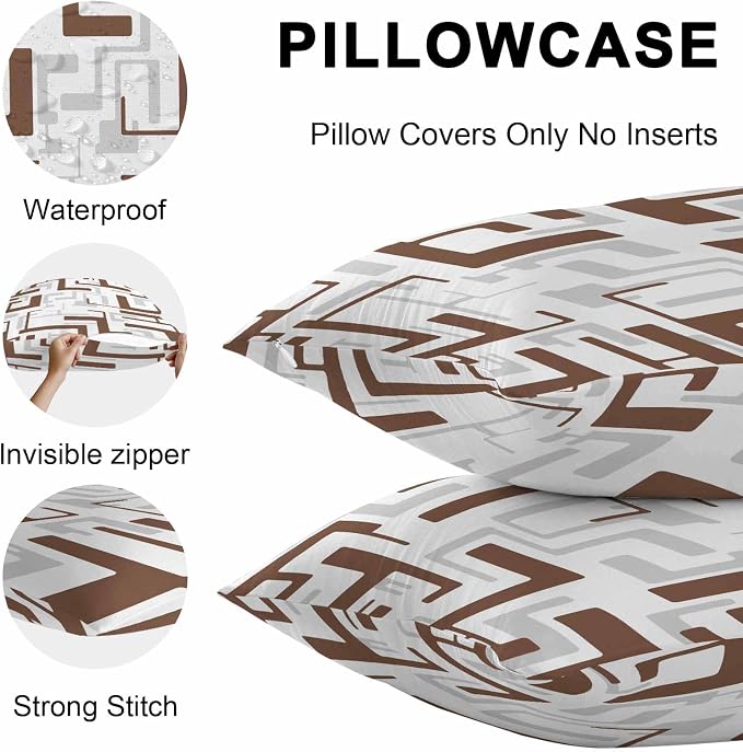 Vandarllin Outdoor Throw Pillows Covers 18x18 inch Set of 2 Waterproof Brown Geometric Stripes Decorative Zippered Cushion Covers for Patio Furniture, Modern Abstract Lines Lumbar Pillowcases