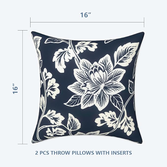 LVTXIII Outdoor/Indoor Throw Pillows, Decorative Patio Accent Pillows, Fluffy Water Repellent Garden Cushions for Home Patio Coach Sofa Use, 16×16 Inch, Pack of 2, Elegant Vines Navy
