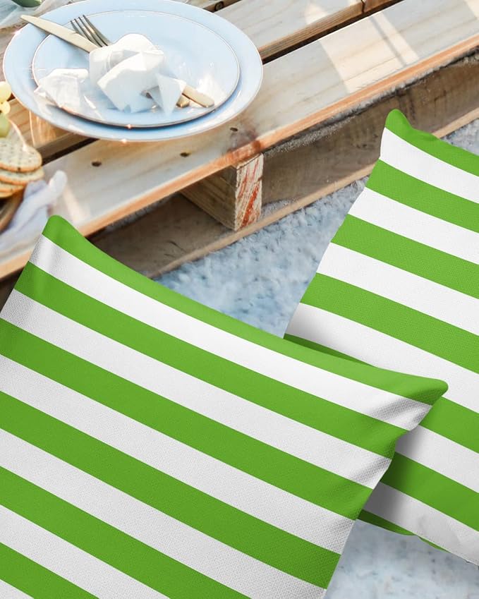 Outdoor Waterproof Pillow Covers for Patio Furniture Green and White Stripes Decorative Throw Pillow Cover Solid Striped Pillowcases Set of 2 Cushion Case for Sofa Couch Chair 16 x 16 in