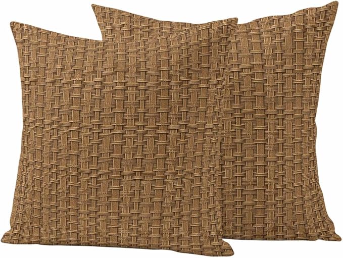 Vintage Rattan Waterproof Outdoor Pillow Covers 16''x16'' Set of 2, Minimalist Abstract Wicker Texture Brown Patio Furniture Cushion Covers for Chairs, Decorative Pillow Cases for Garden/Pool/Beach