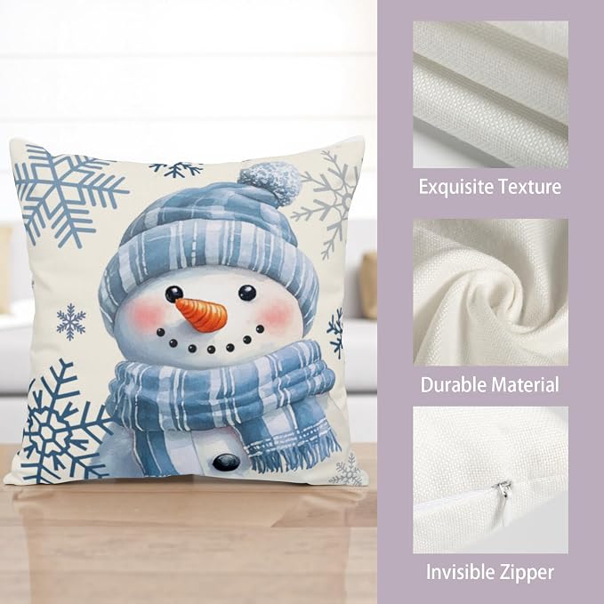 Lovely Blue Snowman Pillow Covers Winter Throw Pillow Case 18x18 Set of 2 Snowflakes Pillowcase Holiday Cushion Case for Living Room Bedroom Couch Sofa
