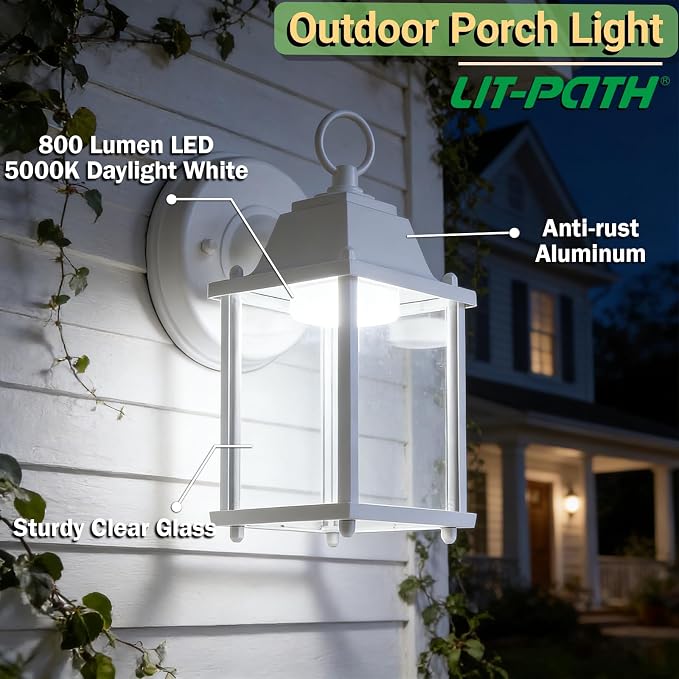 Outdoor Wall Light Fixture, Rustproof Aluminum, Clear Glass, LED | Exterior Porch Light Wall Sconce Lantern for House, Patio, Garage, Waterproof Anti-rust, 9.5W 800 Lumen, 5000K, White, 1 Pack