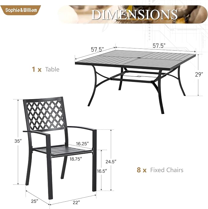 Sophia & William Patio Table and Chairs Set, Outdoor Dining Set for 8, 9 Piece Metal Patio Furniture, 60" Black Square Table(Diamond)