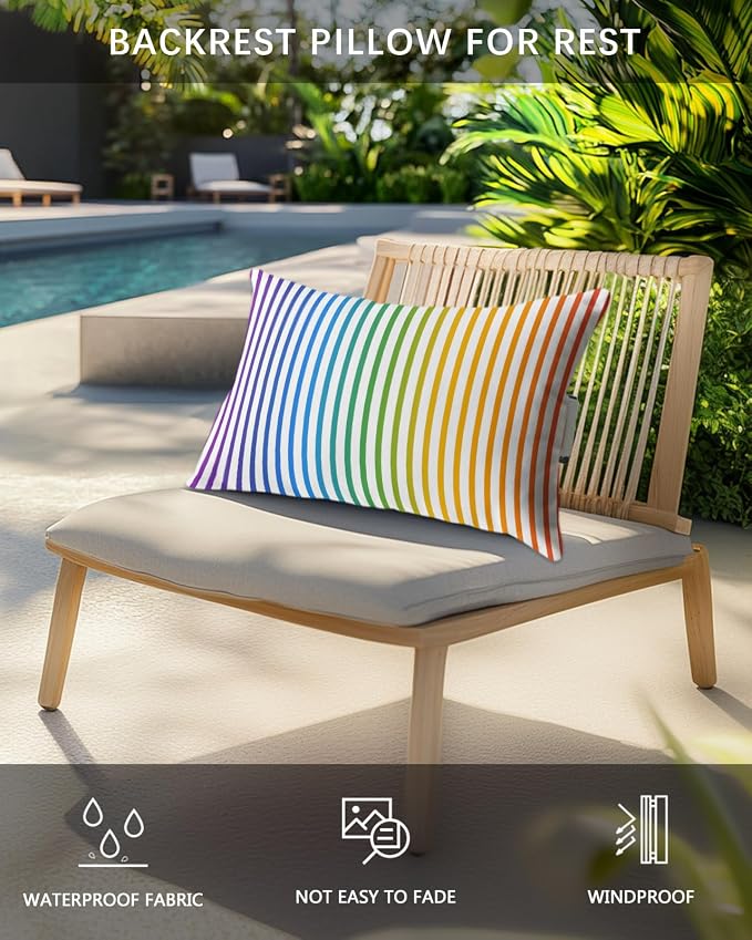 Pack of 4 Outdoor Lumbar Pillow Covers 11x16 Inch, Thin Rainbow Striped Waterproof Throw Pillow Covers Set, Farmhouse Modern Stripes Indoor&Outdoor Decorative Cushion Cases for Patio Porch Car