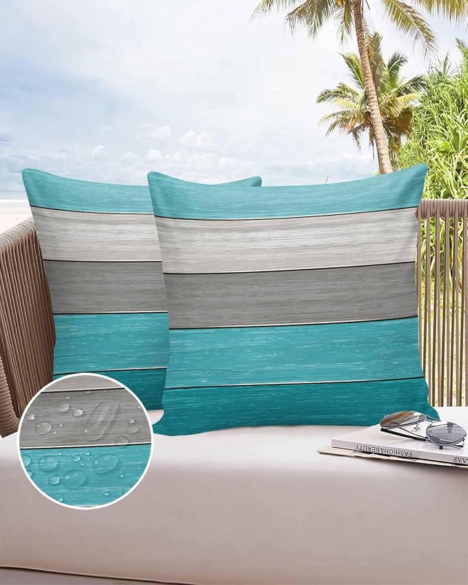 Outdoor Throw Pillow Covers 26X26 Set of 2 Waterproof Ombre Aqua Blue Gray Decorative Zippered Cushion Covers for Patio Furniture, Farmhouse Retro Rustic Barn Wood Texture Lumbar Pillowcases