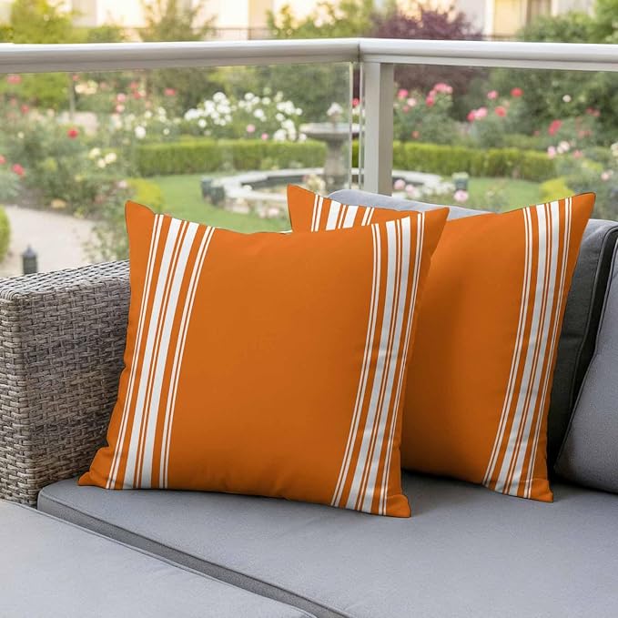 Outdoor Pillow Covers 18x18 Set of 2 Fall Orange Stripes Outdoor Pillows Waterproof Throw Pillow Covers French Stripe Farmhouse Style Pillowcases Decorative Case for Patio Cushion