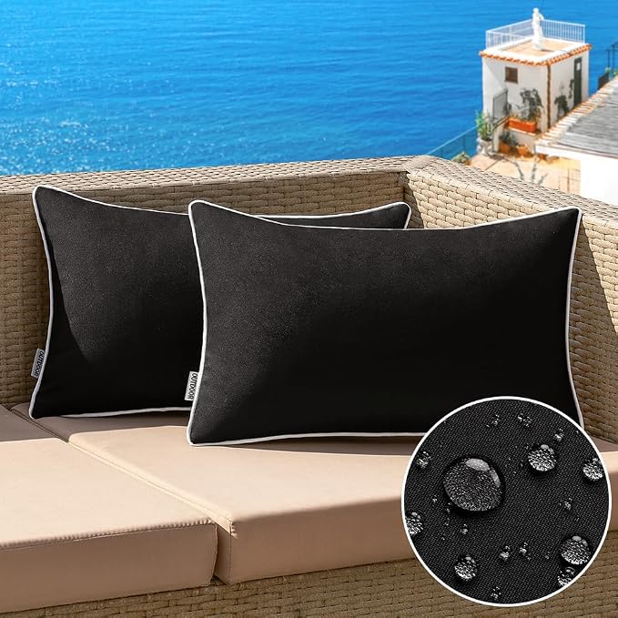 MIULEE Outdoor Waterproof Pillow Covers 12x20 Black Pack of 2 | Decorative Farmhouse Throw Pillow Covers with Piping,Square Solid Color,Patio Furniture,Summer Couch Tent Sofa Living Room