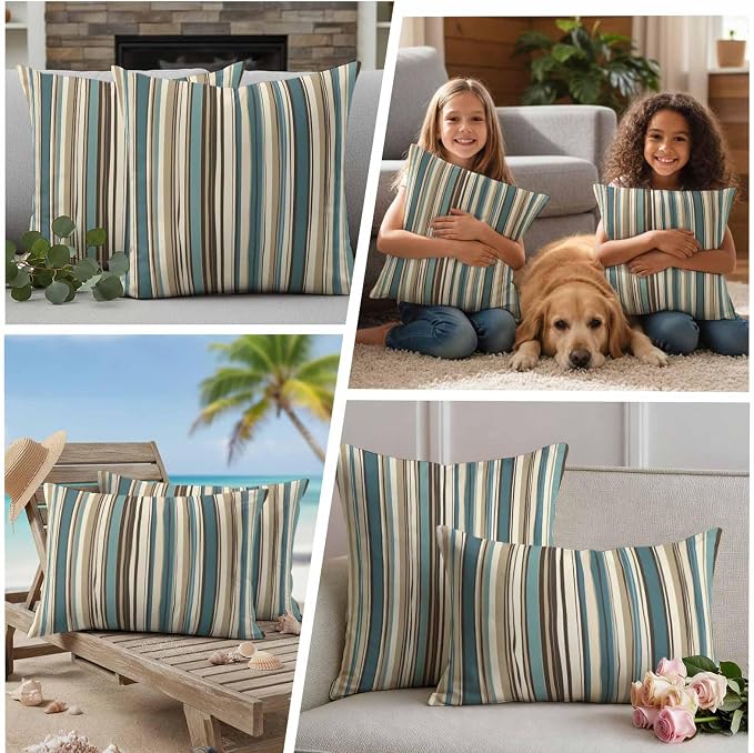 Boho Vertical Stripes Outdoor Waterproof Throw Pillow Covers Set of 2, 26"x26", Green Beige Simple Lines Decorative Pillow Covers Outside Cushion Case for Patio Porch Garden