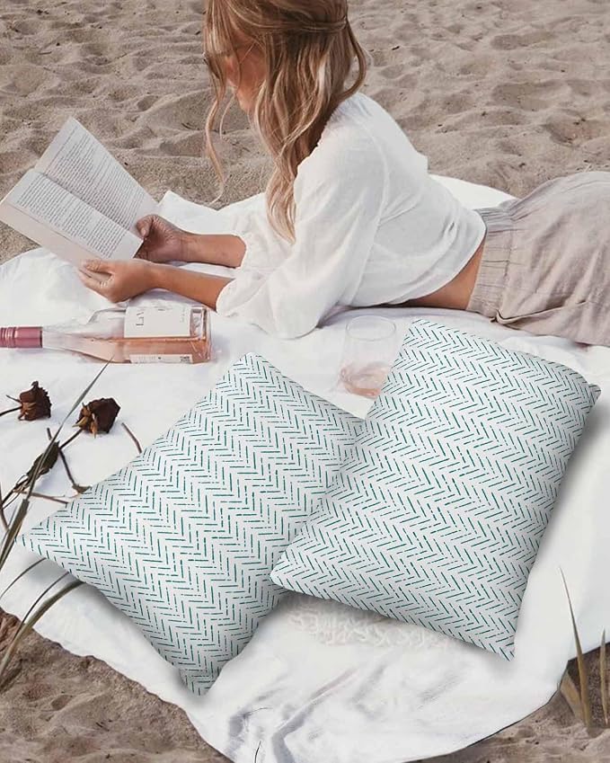 Turquoise Striped Outdoor Pillow Covers Waterproof,All Weather Cushion Case Set of 2 Lumbar Pillowcase for Sofa Couch Bed Decor Patio Furniture 20"x12" White Geometric Minimalist Boho Striped