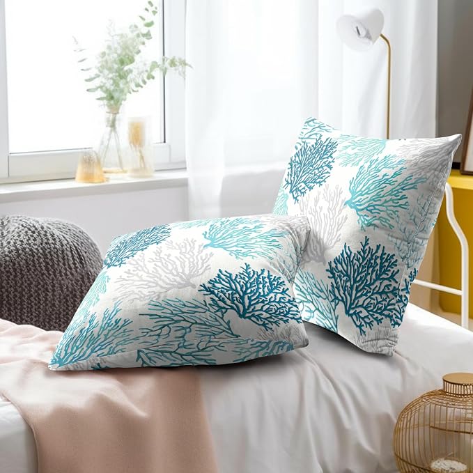 Blue Teal Coral Pillow Covers Set of 2, 16x16 Inch Summer Marine Cotton Ocean Themed Square Pillow Case Soft Cushion Cover for Couch Sofa Living Room