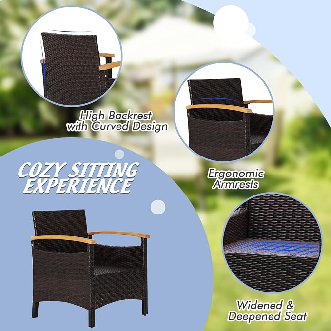 HAPPYGRILL 3 Pieces Patio Rattan Conversation Set, Outdoor PE Wicker Furniture Set Bistro Set with Coffee Table, Soft Seat Cushions & Throw Pillows, Acacia Wood Sofa Set for Patio Courtyard Poolside