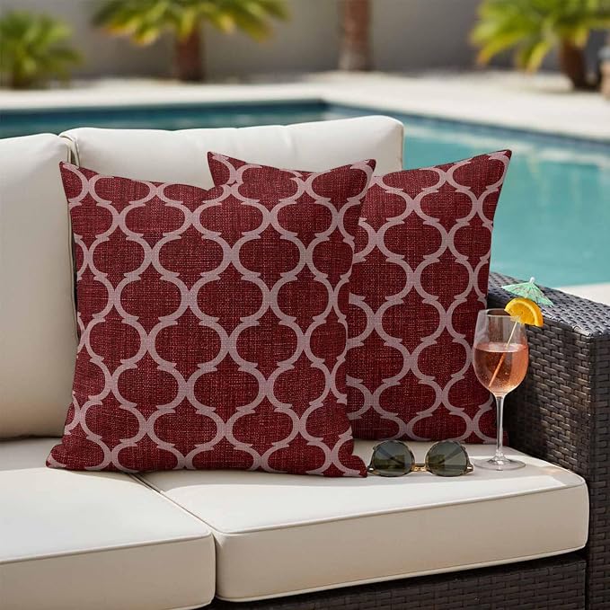 Deep Red Morocco Outdoor Pillow Covers 18x18 Inch Throw Pillow Covers Set of 2 Waterproof Decorative Pillow Cases Retro Farmhouse Quatrefoil Plaid Cushion Covers for Patio Furniture Garden Couch Sofa