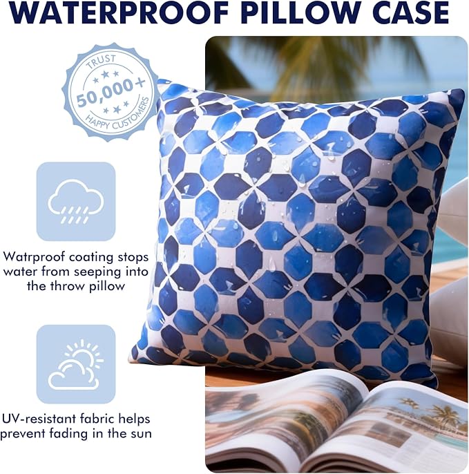 18x18 Waterproof Outdoor Pillows, Set of 2 Outdoor Throw Pillows | Patio Furniture Pillows, Fluffy Decorative Pillows, Waterproof &Fade Resistant, Removable & Washable, Blue White with Plaid