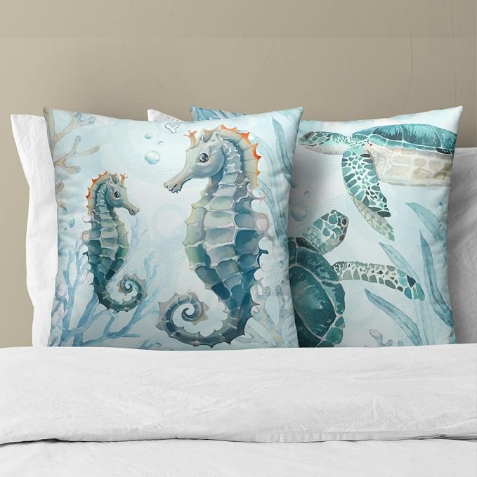 Ocean Theme Throw Pillow Cover Set of 2, Sea Turtle Seahorse Undersea Nautical Cotton Linen Square Cushion Case for for Sofa Couch Bedroom Car Home Decor 20x20 Inch