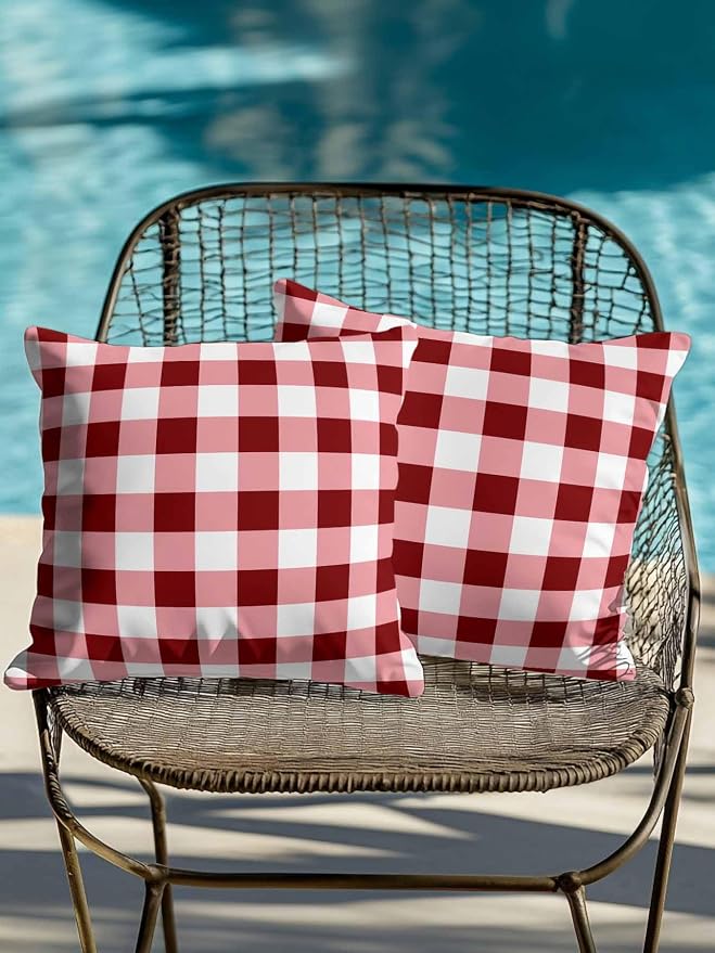 Waterproof Outdoor Pillow Set of 2 Red Check Buffalo Plaid Decorative Throw Pillows Cover & Insert 18x18 Inch Pillowcase Check Lines Square Pillows for Couch Sofa Bed Patio Furniture Indoor Outdoor