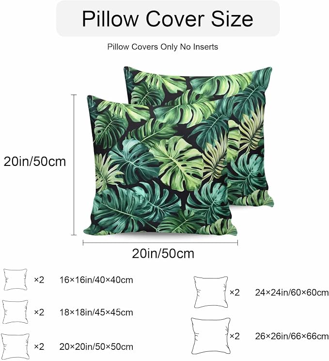 Palm Leaf Waterproof Outdoor Pillow Covers Set of 2 Home Decor, Green Tropical Plant Summer Nature Scenery Pillowcase Patio Pillow Covers for Couch Bench Furniture Garden 18x18in