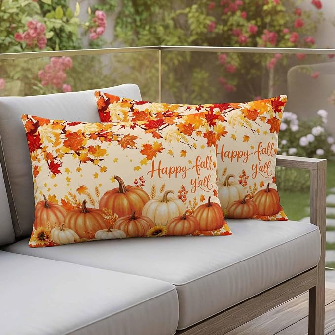 Orange Fall Waterproof Outdoor Pillow Covers 20''x12'' Set of 2, Maple Tree Branch Thanksgiving Pumpkin Patio Cushion Covers for Chairs,Decorative Countryside Leaves Pillow Cases for Garden/Pool/Beach