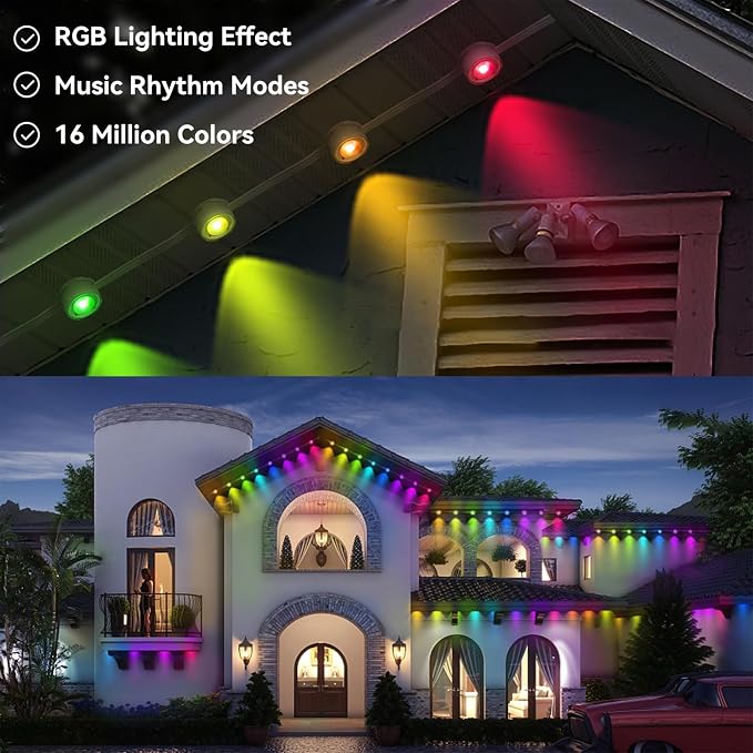Permanent Outdoor Lights, 100FT Smart Rainbow RGB with 72 LEDs, App Control Remote with DIY Modes, IP67 Waterproof Eaves Lighting for Holiday, Garden Decor, Christmas, Party,Halloween,Roof,