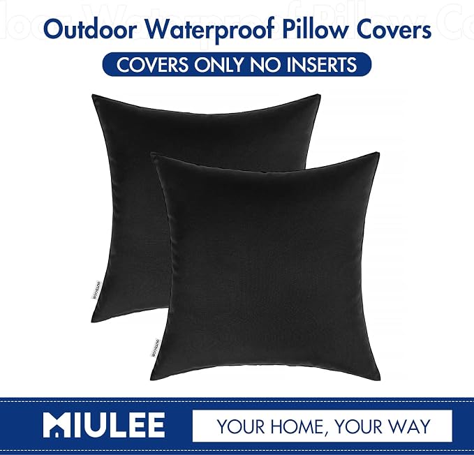 MIULEE Pack of 2 Decorative Outdoor Waterproof Pillow Covers Black Bundle 18x18 Pillow Inserts Set of 2 Square Decorative Throw Pillows