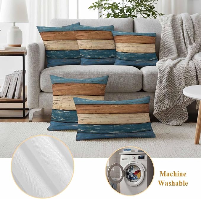 Farmhouse Navy Blue Brown Outdoor Waterproof Pillow Covers, Vintage Wooden Striped Decorative Square Throw Pillowcase Sofa Cushion Sham for Patio/Couch/Chair, 24"x24" 2 Pack