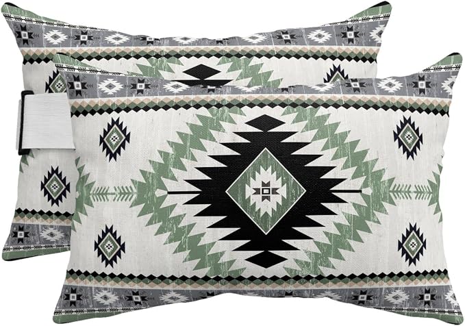 Outdoor Pillows Waterproof Covers Set of 2, Sage Green Bohemian Adjustable Elastic Chaise Lounge Headrest Pillow Covers, Aztec Boho Tribal Decorative Lumbar Pillow for Pool Patio Furniture 20x12 Inch