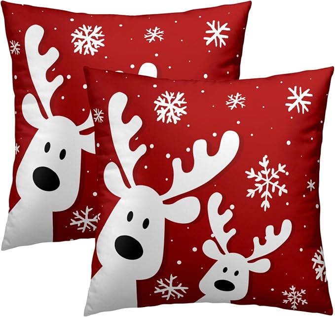 Christmas Reindeer Throw Pillow Covers 18x18 Inch Set of 2, Funny Deers Xmas Red Decorative Pillowcases Soft Square Cushion Cover for Couch Sofa Porch Winter Holiday Home Decor