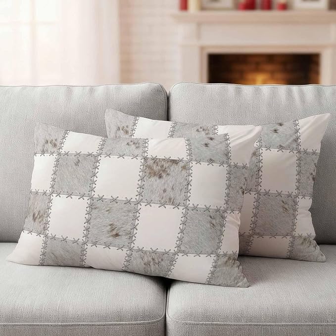 Cream Gray Checkered Outdoor Pillow Covers 20x12 Inch Lumbar Pillow Covers Set of 2 Waterproof Decorative Throw Pillow Cases Modern Farmhouse Plaid Fur Texture Cushion Covers for Patio Furniture