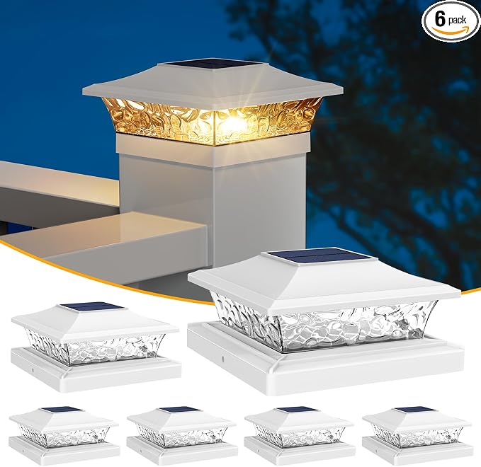 APONUO Solar Post Cap Lights 6 Pack for 4x4 5x5 6x6 Wood & Vinyl Fences - IP65 Waterproof, All-Night Auto On/Off, Warm/Cool White Light, Outdoor Deck Patio Garden (White)