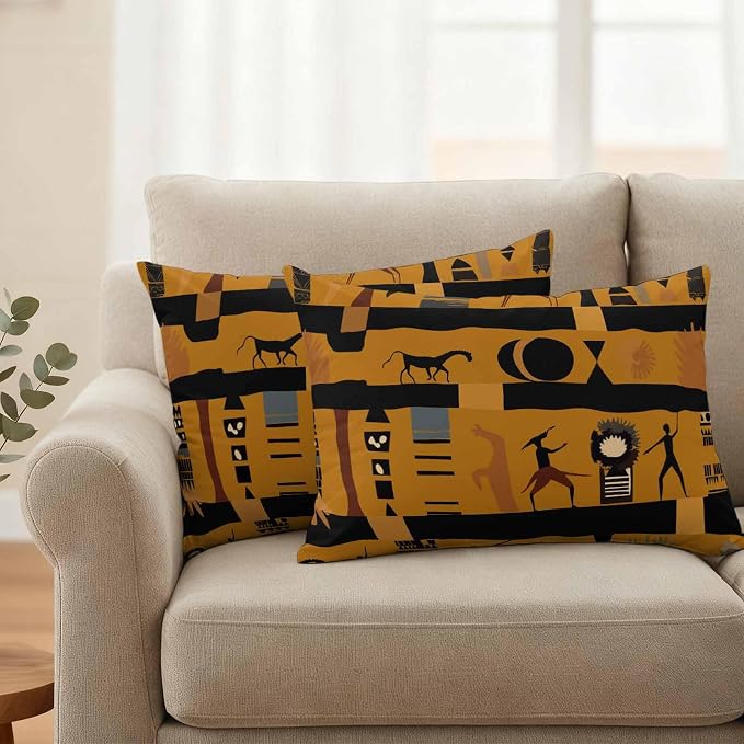 Outdoor Pillow Covers Waterproof, African Ethnic Decorative Rectangle Throw Pillowcases Patio Cushion Covers for Tent/Garden, 20" x 12" 2 Pack, Vintage Ethnic Tribes Richness Brown