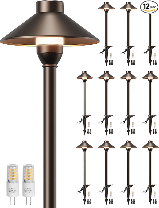 Low Voltage Landscape Lighting 12-Pack, Aluminum 12V Pathway Lights with G4 Bulbs, Waterproof Oil Rubbed Bronze Color Wired Path Lights with Connectors for Walkway Yard Garden