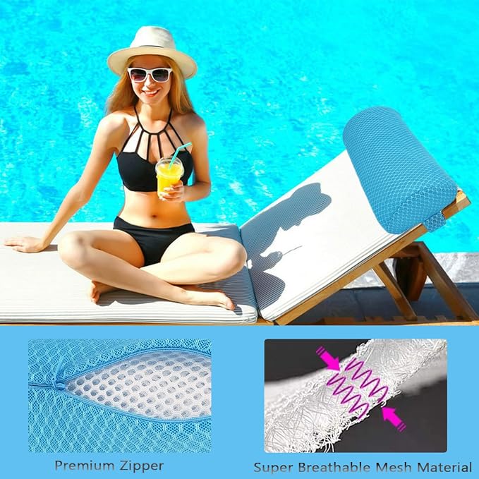 REEZEIVI 1Pack Headrest Pillow for Patio Chaise Lounge,Chaise Lounge Pillows Outdoor 3D air mesh with Elastic Band,Quick Drying and Washable Spa Pillow for Recliner,Beach Chair,Office Chair Blue | Resilient 3D mesh pillow with removable washable cover,...