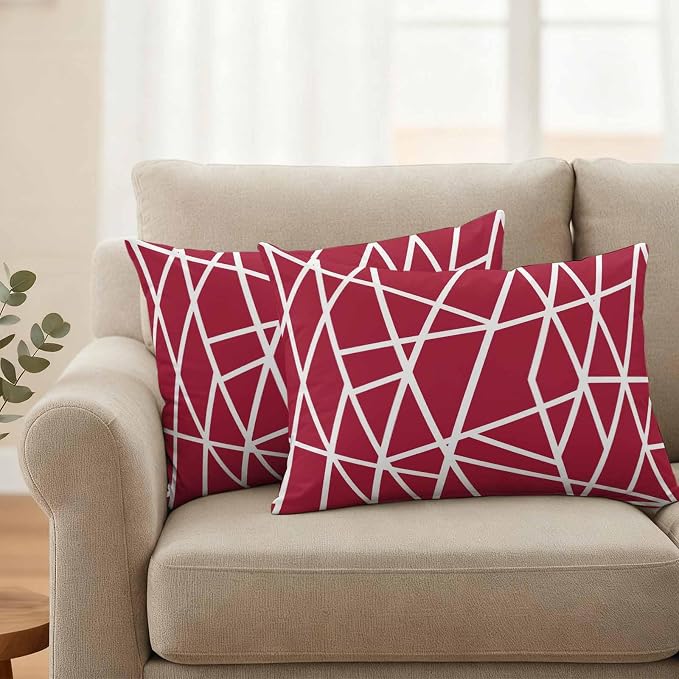Outdoor Pillow Covers Waterproof, Red Geometric Decorative Rectangle Throw Pillowcases Patio Cushion Covers for Tent/Garden, 20" x 12" 2 Pack, Abstract Stripes Modern Minimalist