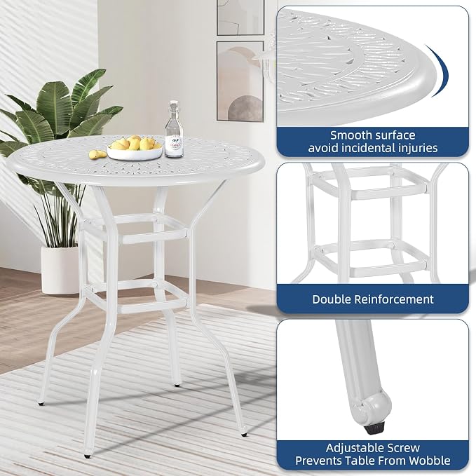 Outdoor Cast Aluminum Bar Table, 35.4" Patio Bar Height Table with 2" Umbrella Hole, All Weather High Top Bistro Round Dining Table for Outside Deck Porch Balcony Poolside, White
