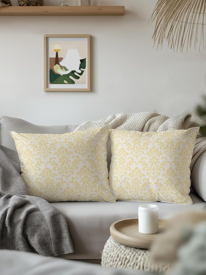 Waterproof Outdoor Pillow Set of 2 Yellow Grid Plaid Decorative Throw Pillows Cover & Insert 16x16 Inch Pillowcase Diagonally Crossed Lines Pillows for Couch Sofa Bed Patio Furniture Indoor Outdoor