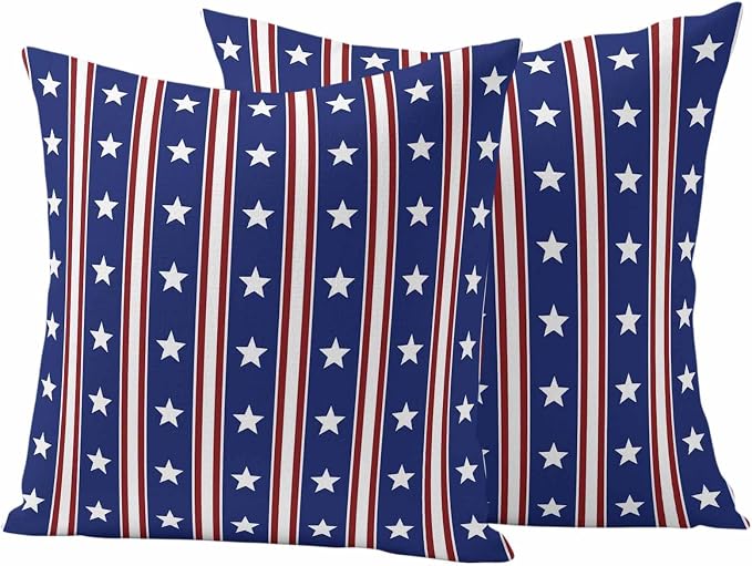 Blue Red Outdoor Pillow Covers 24"x24" Set of 2, Waterproof Throw Pillow Covers for Patio Furniture, Stripes Patirotic Star Independence Day Decorative Cushion Covers for Porch