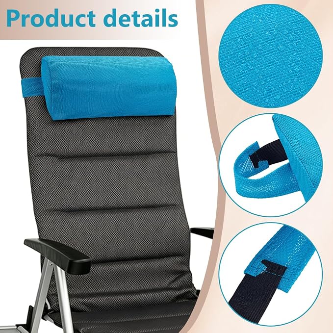 BENECREAT 2Pcs Outdoor Chaise Lounge Head Pillow, Outdoor Patio Pillows with Adjustable Strap for Patio Chair Recliner Head Support, Blue