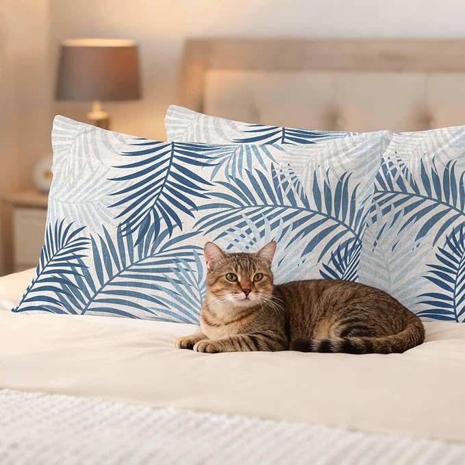 Outdoor Waterproof Throw Pillow Covers, Blue Grey Palm Leaves Decorative Pillow Cases, Summer Botanical Tropical Leaf Couch Pillow Protector Patio Sofa Cushion Covers Replacement 20"x12" 2 Pack