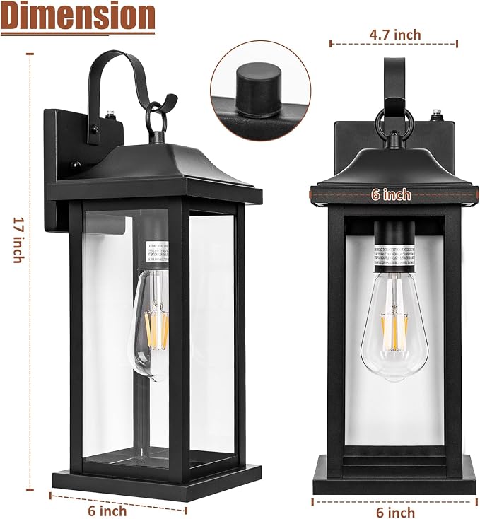 oravilila Dusk to Dawn Large Outdoor Wall Light 17 Inch | 1 Pack ETL Listed, Photocell Sensor Exterior Light Fixture Front Porch, Matte Black Outside Wall Sconce Lantern