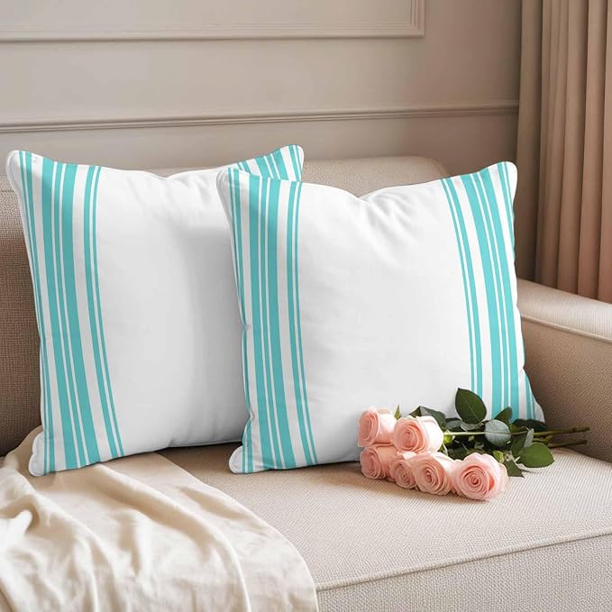 Outdoor Waterproof Throw Pillow Covers Set of 2 Turquoise Stripes Pillowcases 24x24 Inches White Vertical Striped Decorative Pillows Cushion Case Patio Pillows for Couch Bed Chair Garden