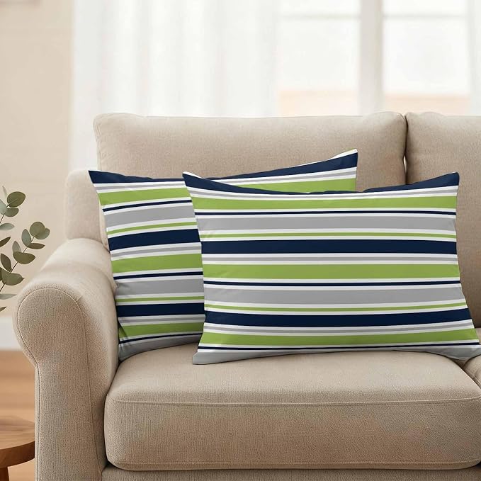 Lumbar Pillow Covers 12 x 20 Inches, Green Gray Striped Waterproof Throw Pillow Cover Set of 2, Farmhouse Stripes Modern Abstract Art Decorative Rectangle Cushion Covers for Patio/Couch/Garden