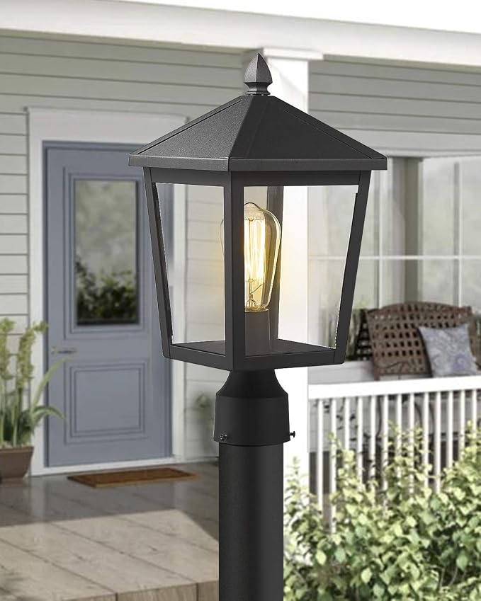 zeyu Outdoor Post Light, 16 Inch Exterior Pole Light Pillar Lantern with Clear Glass Shade and Black Finish, 20076P