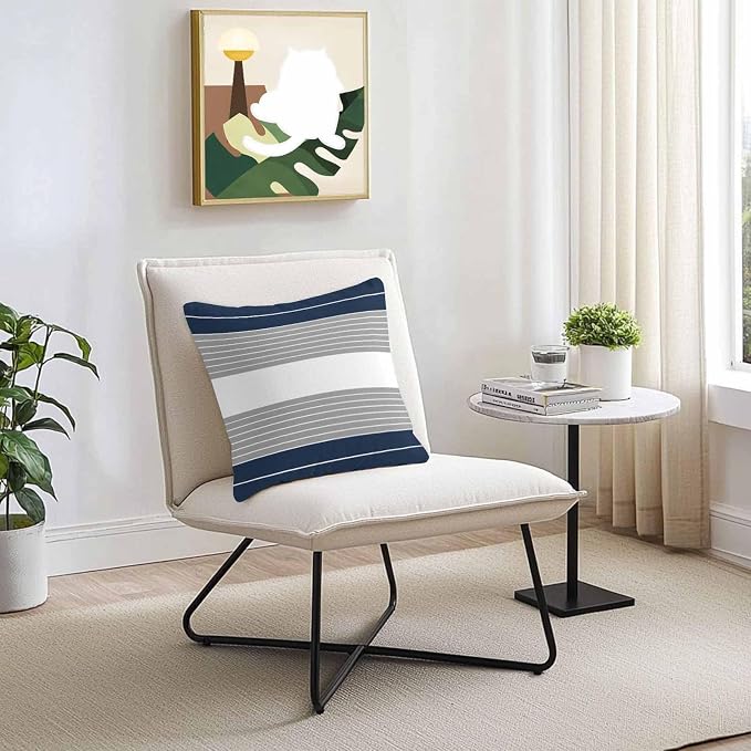 Navy Blue Grey Stripe Outdoor Pillow Covers Waterproof, All Weather Cushion Case Set of 2, Modern Art Horizontal Striped Decorative Pillowcases for Sofa Couch Bed Decor Patio Furniture 18"x18"