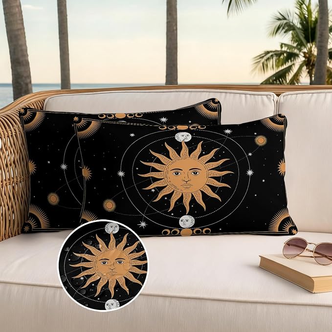 Celestial Sun and Moon Waterproof Outdoor Pillow Covers Set of 2 Home Decor, Black Sky Gold Star Boho Lumbar Pillowcase Patio Pillow Covers for Couch Bench Patio Furniture Garden 20x12in