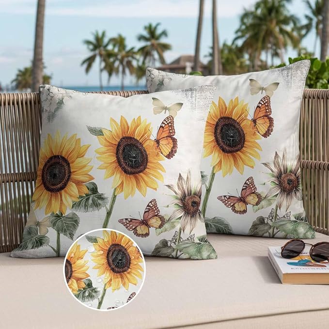 Sunflower Outdoor Waterproof Throw Pillow Covers Set of 2, 18"x18", Farmhouse Rustic Retro Summer Floral Butterfly Decorative Pillow Covers Outside Cushion Case for Patio Porch Garden
